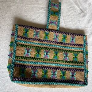 Embroidered  Woven Burlap Retro Floral Hippie Tote Bag Purse Fully Lined